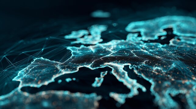 Dynamic Digital Representation of Europe Enhanced by Illuminated Network Connectivity and Geographical Features - Powered by Adobe