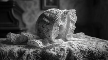Intricate lace bonnet sits on a matching tablecloth, vintage and delicate