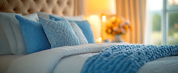 Serene bedroom scene featuring a bed with blue cushions and a cozy knit blanket