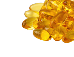 A close-up shot of a collection of golden, oval-shaped capsules, against a black background