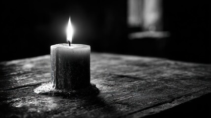 A lit candle sits on an old, weathered wooden surface, bathed in dark monochrome