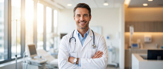 Smiling male doctor in white lab coat with stethoscope standing in a modern, bright hospital or clinic with arms crossed, looking at the camera.