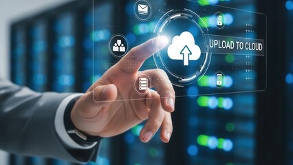 Closeup Businessman Hand selecting Upload to Cloud icon, representing server migration, data storage, digital backup, and SaaS technology solutions