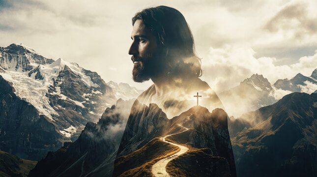 Double exposure silhouette of Jesus Christ with a winding mountain path leading to a glowing cross. Christian concept of discipleship, faith journey and the narrow way.