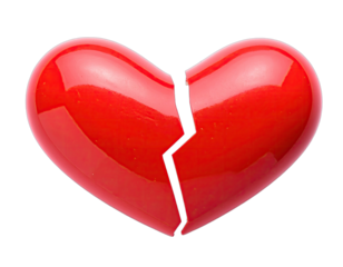 A glossy, red heart with a jagged crack splitting it in two, isolated on black
