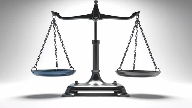 Scales of justice in silver with blue and silver bowls against a white background. Symbolizing balance and legal fairness.