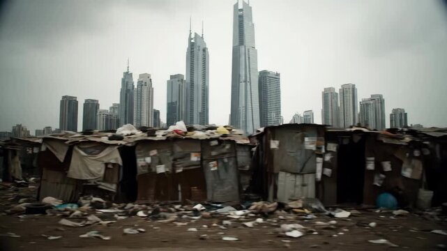 Contrasting urban scene: dilapidated slum shacks in the foreground against modern skyscrapers under a grey sky, symbolizing poverty and wealth disparity.