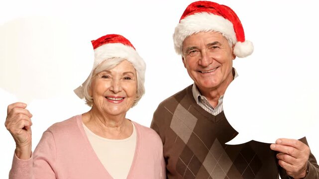 Cheerful senior couple in Santa hats holding blank speech bubbles on a white backdrop, perfect for festive holiday greetings.
