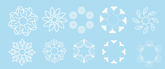 Collection of Christmas themed snowflake vector designs. Includes various white snowflake icons, perfect for winter and holiday templates.