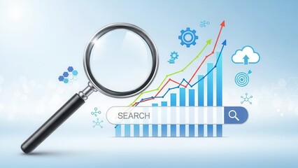 SEO and digital growth strategy concept with magnifying glass, search bar, and analytics graph. Perfect for online marketing, search engine optimization, web traffic, and ranking improvement