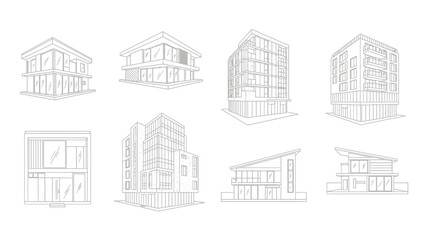 Fototapeta premium Architectural sketches of modern buildings and houses, line art collection.