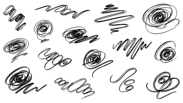 Abstract hand drawn scribble lines and spirals set.