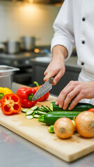 Chef slicing produce in professional kitchen