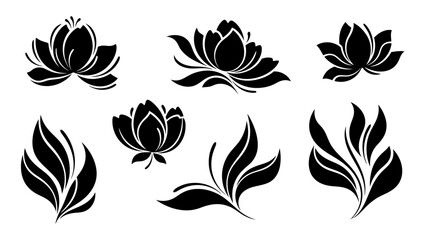 Elegant Black Lotus Flowers and Leaves Silhouettes Collection.