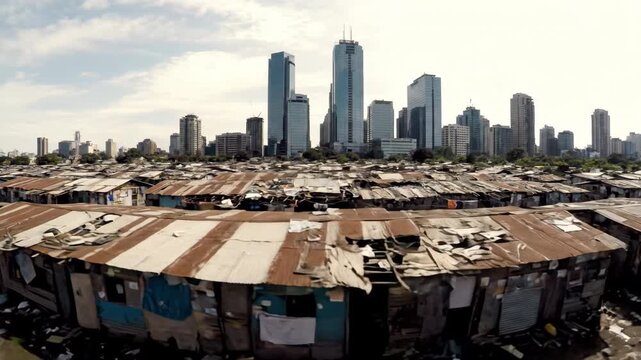 Sharp contrast between a sprawling urban slum and modern skyscrapers under a partly cloudy sky. Highlights poverty versus wealth, showcasing cityscape architecture.