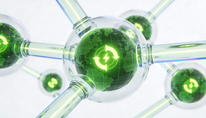 a conceptual illustration of interconnected spheres showcasing a green earth with recycling symbols representing global sustainability and environmental consciousness high quality
