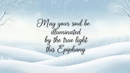 Snowy winter landscape with sparkling light rays and an Epiphany greeting. Religious holiday message for spiritual illumination.