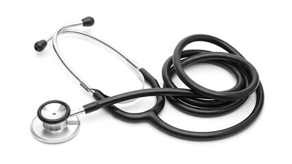 Black stethoscope coiled on white background, representing medical care, healthcare professionals, and diagnostic tools for clinical and health-related content

