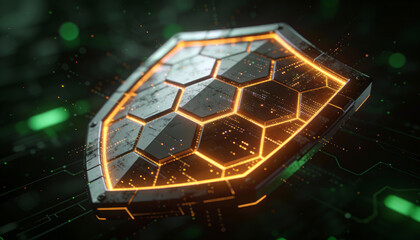 a futuristic hexagonal shield with glowing orange accents floats amidst a dark digital network background showing advanced technology high quality professional