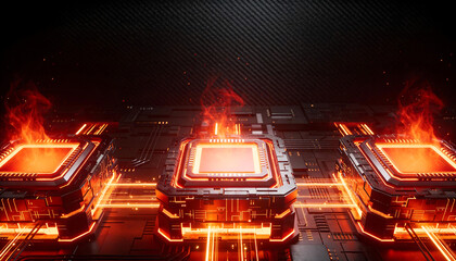illuminated circuit boards with glowing orange lines and rising flames create a dynamic futuristic and high tech visual display high quality