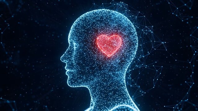 Digital silhouette of a human head with glowing red heart in brain area against dark network background, symbolizing emotional intelligence, mental health, and neurology concepts

