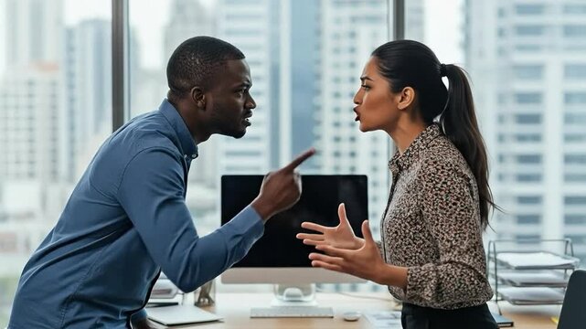 Tense office argument between an angry African American man and a stern South Asian woman in a modern corporate environment