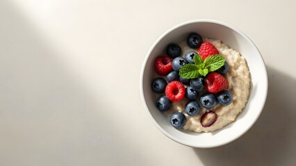 Top view of a healthy oatmeal bowl topped with fresh blueberries, raspberries, and mint on a minimalist white surface, ideal for breakfast, vegan diet, and clean eating content


