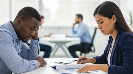 Serious Black businessman and focused Asian businesswoman reviewing financial documents and data reports together at a desk in a modern office environment - Powered by Adobe