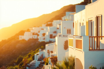 Bucolic scene of a sunrise over a village in the Greek islands.