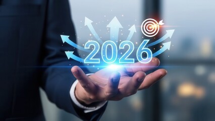 Closeup Businessman Hand holding virtual 06 with rising arrows and target icon, symbolizing new year business goals, strategic vision, future growth, success planning and performance improvement