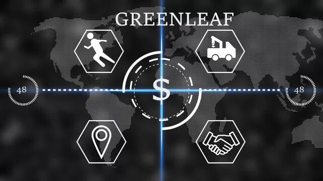 greenleaf Futuristic global business finance HUD interface with dollar sign in center, world map background and line icons for logistics, partnership, location and activity. Digital economy