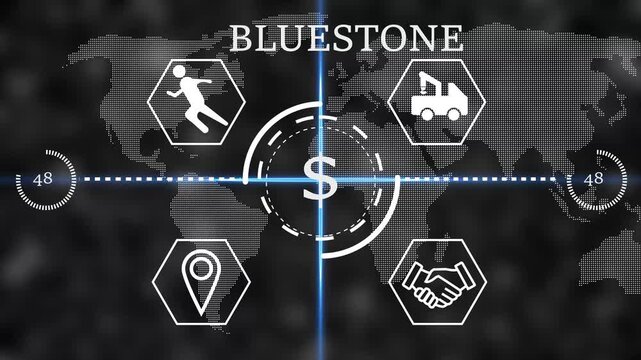 bluestone Futuristic global business finance HUD interface with dollar sign in center, world map background and line icons for logistics, partnership, location and activity. Digital economy,