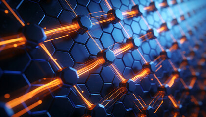 abstract digital network featuring a complex hexagonal grid with glowing orange lines connecting dark blue nodes high quality professional detailed modern