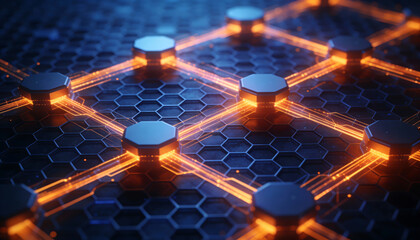 a futuristic network of glowing orange lines connecting dark hexagonal nodes on a black background represents data flow high quality professional