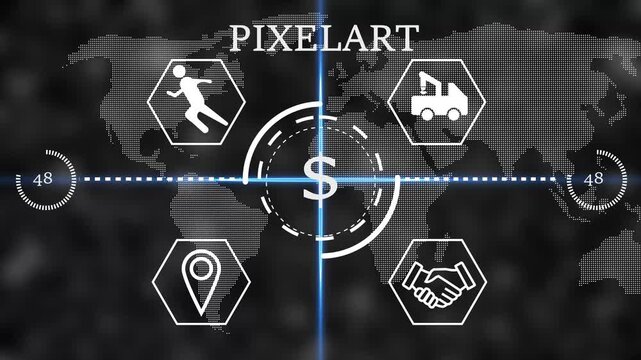 pixelart Futuristic global business finance HUD interface with dollar sign in center, world map background and line icons for logistics, partnership, location and activity. Digital economy