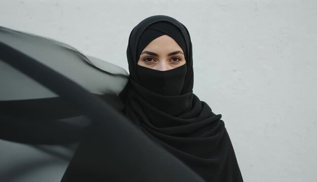 Mysterious woman in black hijab and niqab standing confidently