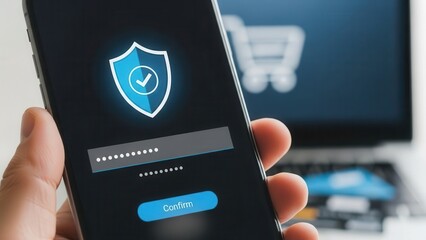 Secure mobile payment authentication with password protection and digital shield icon on smartphone. Online banking and e-commerce safety technology concept for cybersecurity and finance