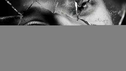 B&W close-up of a person's face seen through broken glass, focused on the eye