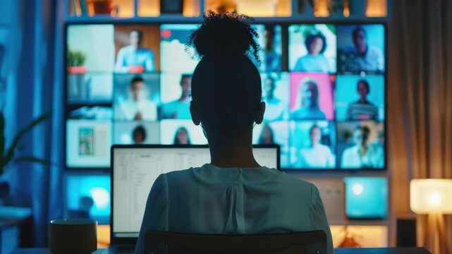 A woman news anchor seated at her desk with multiple monitors displaying various and video feeds in the darkened studio.