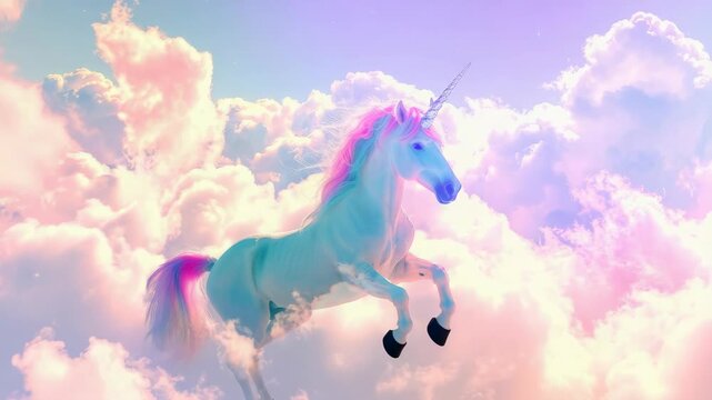 Pastel colors and dreamlike aura of a unicorn with rainbow mane set against a cloud-streaked sky.