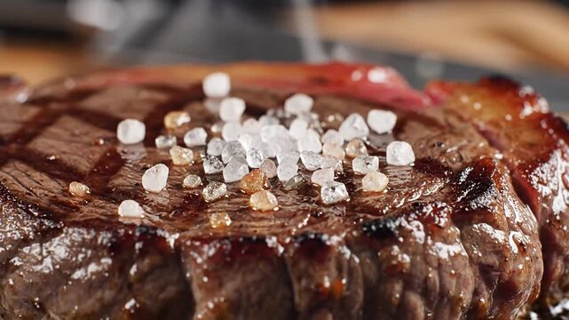 Close up shot of a grilled steak being seasoned with coarse sea salt flakes and crystal salt under warm studio lighting with a blurred wooden background
