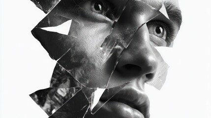 Fractured face portrait, rendered in striking black and white, against a stark white backdrop