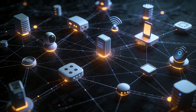a network of glowing geometric shapes representing data connections and digital infrastructure in a dark futuristic setting high quality professional detailed - Powered by Adobe