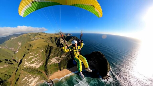 Spectacular paragliding adventure over the ocean and coastal cliffs on a sunny day.