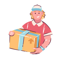Courier holding cardboard box with delivery mark, parcel handling and logistics service. Shipping worker character, transport process, flat cartoon doodle style, vector illustration