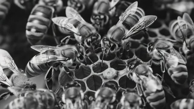 Close-up of a bee colony in black and white.