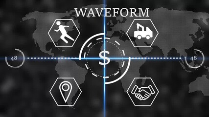 waveform Futuristic global business finance HUD interface with dollar sign in center, world map background and line icons for logistics, partnership, location and activity. Digital economy, - Powered by Adobe