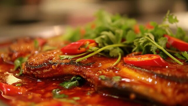 Close-up view of mouthwatering ribs slathered in sauce, garnished with fresh herbs, including parsley and chilies.