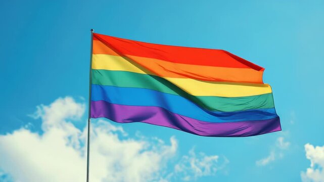 A vibrant rainbow flag waving in the wind under a clear blue sky with white clouds. Symbolizing LGBTQ pride and equality.
