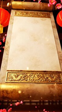 This opulent, vertical 3d render captures a traditional chinese scroll featuring golden dragon detailing, set against a dark background illuminated by festive red lanterns for the lunar new year.